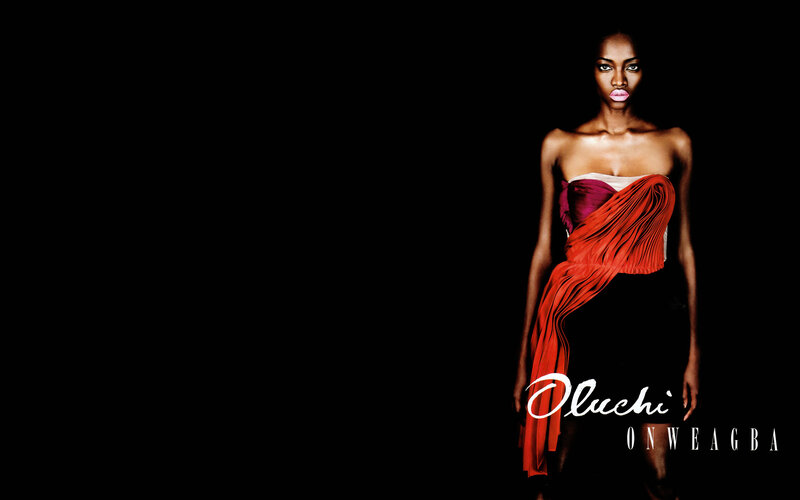 Model in red and black dress