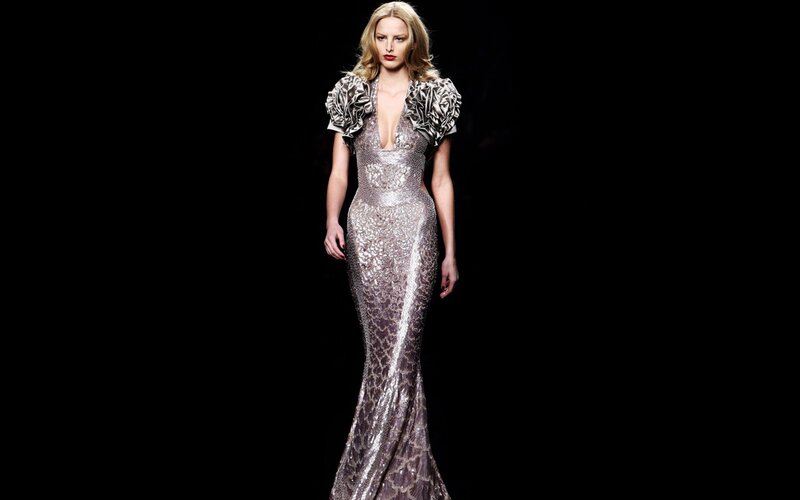 model in sequined gown