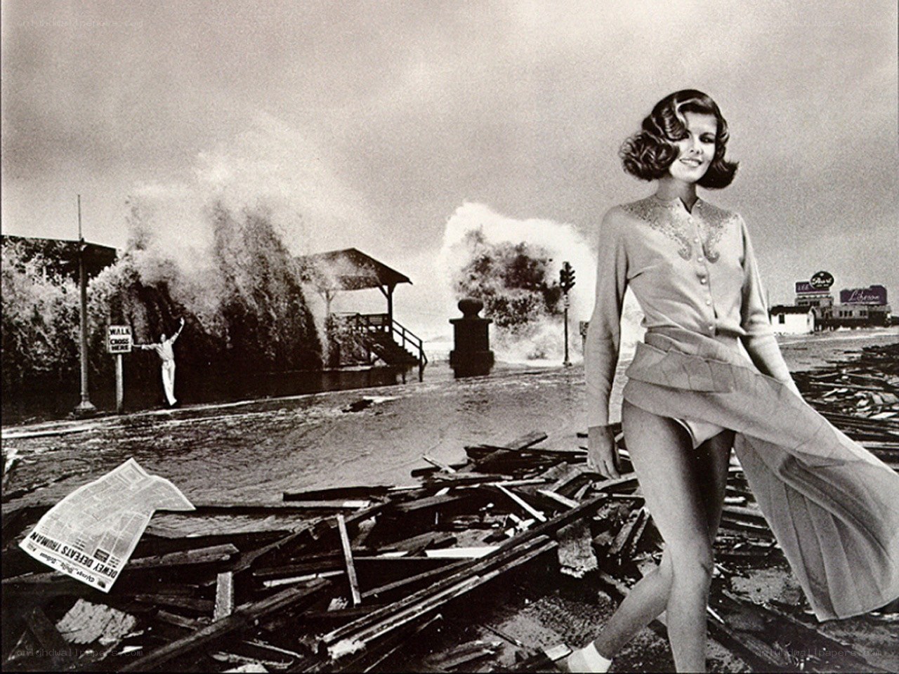 Model in storm aftermath