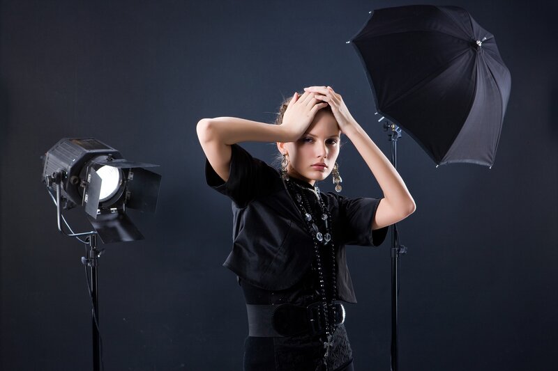 model in studio with lighting