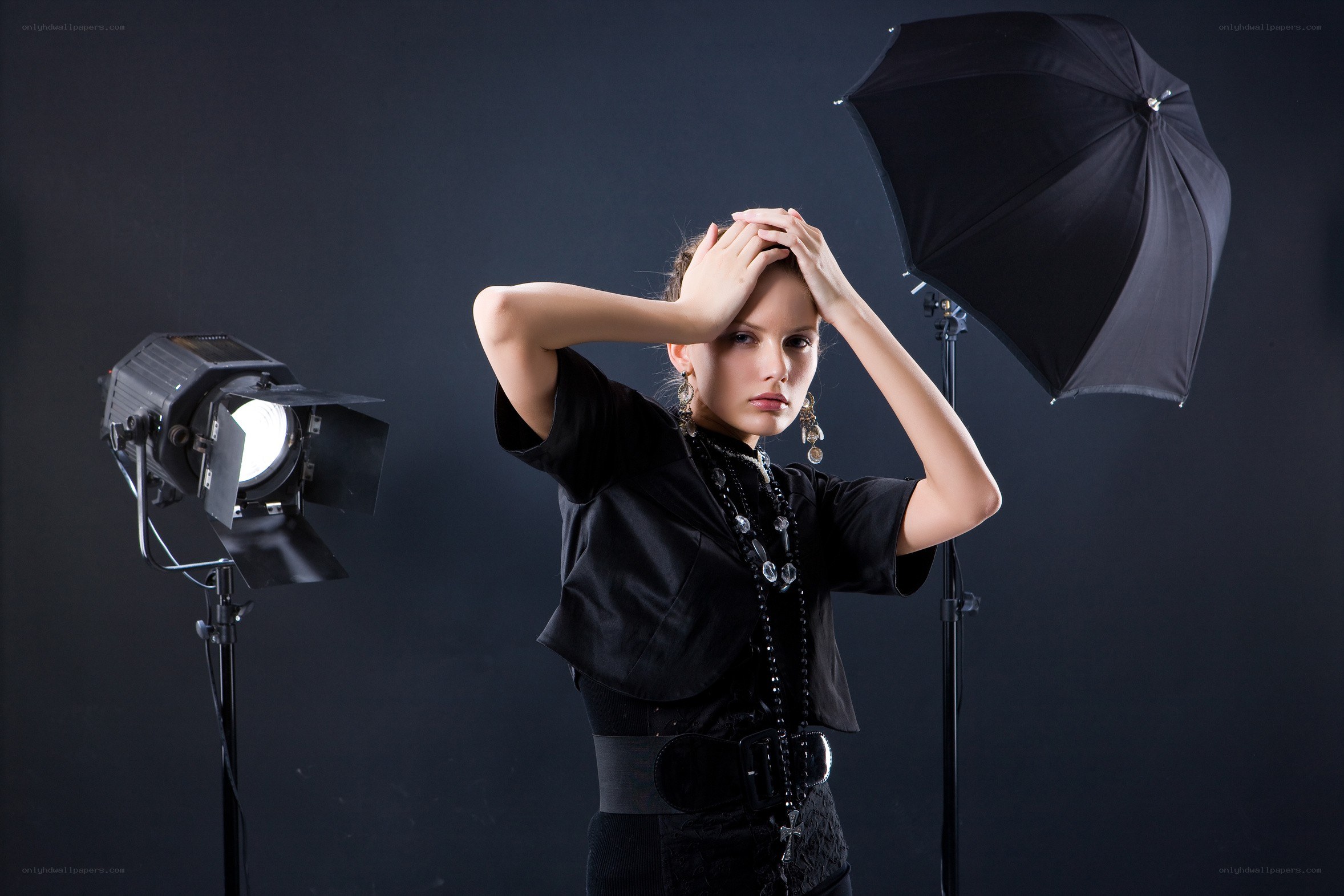 model in studio with lighting