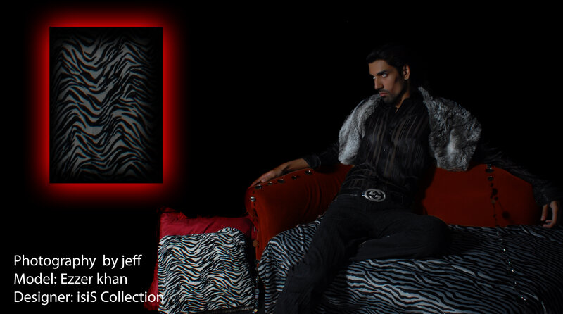 model on red couch with zebra print