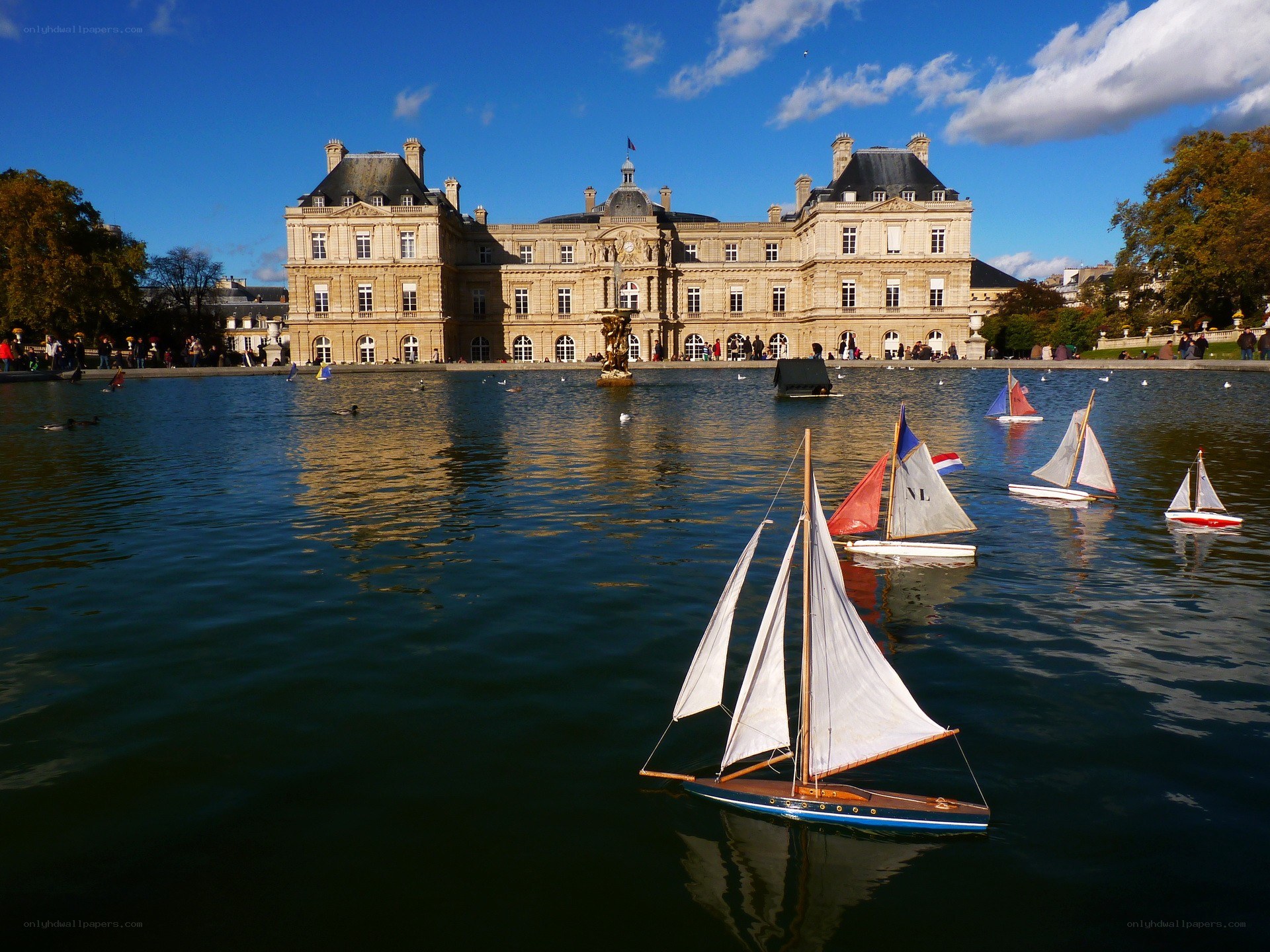 Model sailboats on a pond