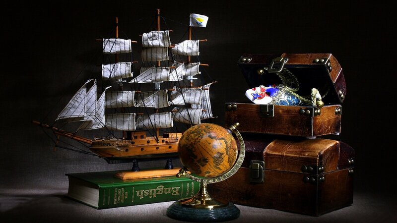 Model Ship and Treasure Chest — Brown, Dramatic
