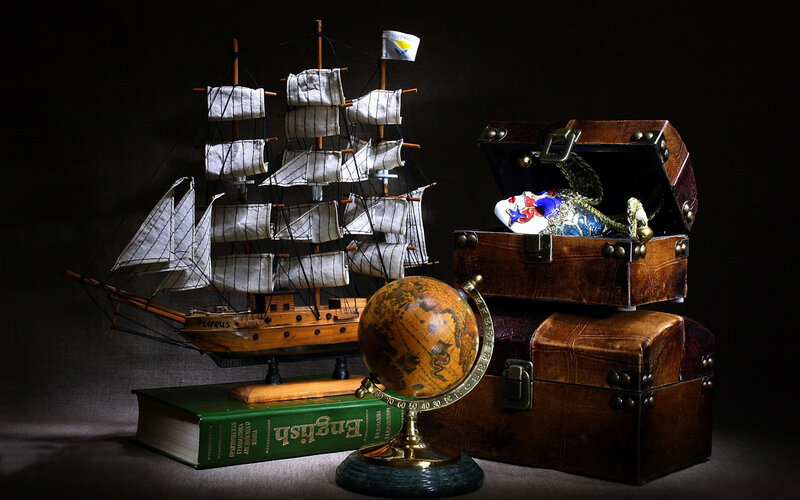 Model Ship and Treasure Chest — Brown
