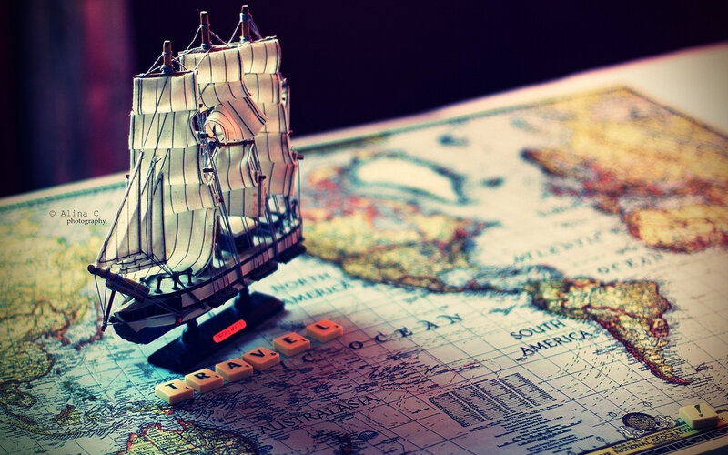 Model Ship on Map — Brown, Adventurous, Photograph
