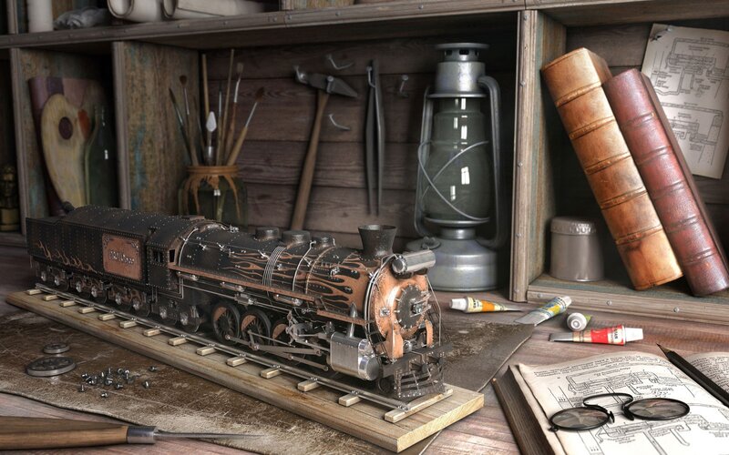 model train workshop scene