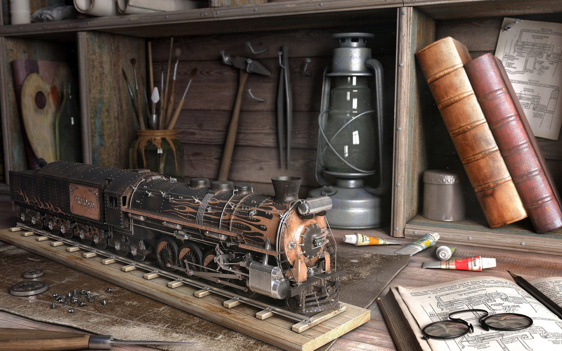 Model train workshop scene
