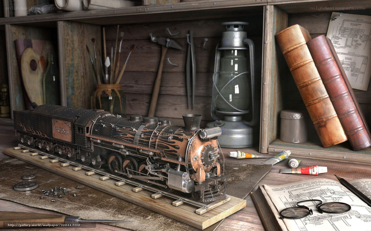 model train workshop scene