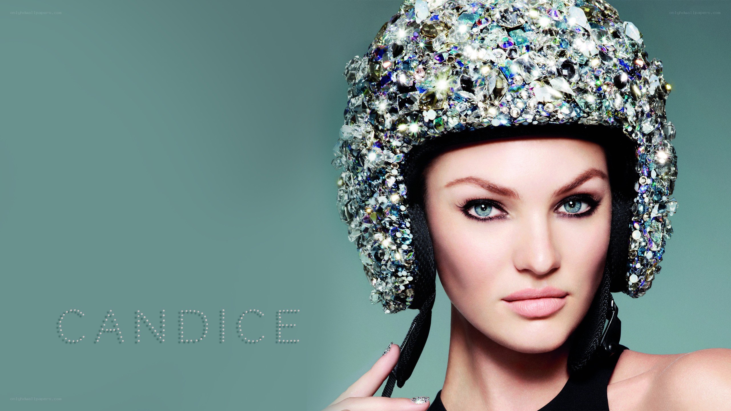 model with jeweled helmet