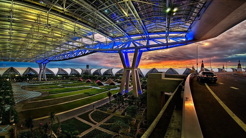 modern airport at sunset