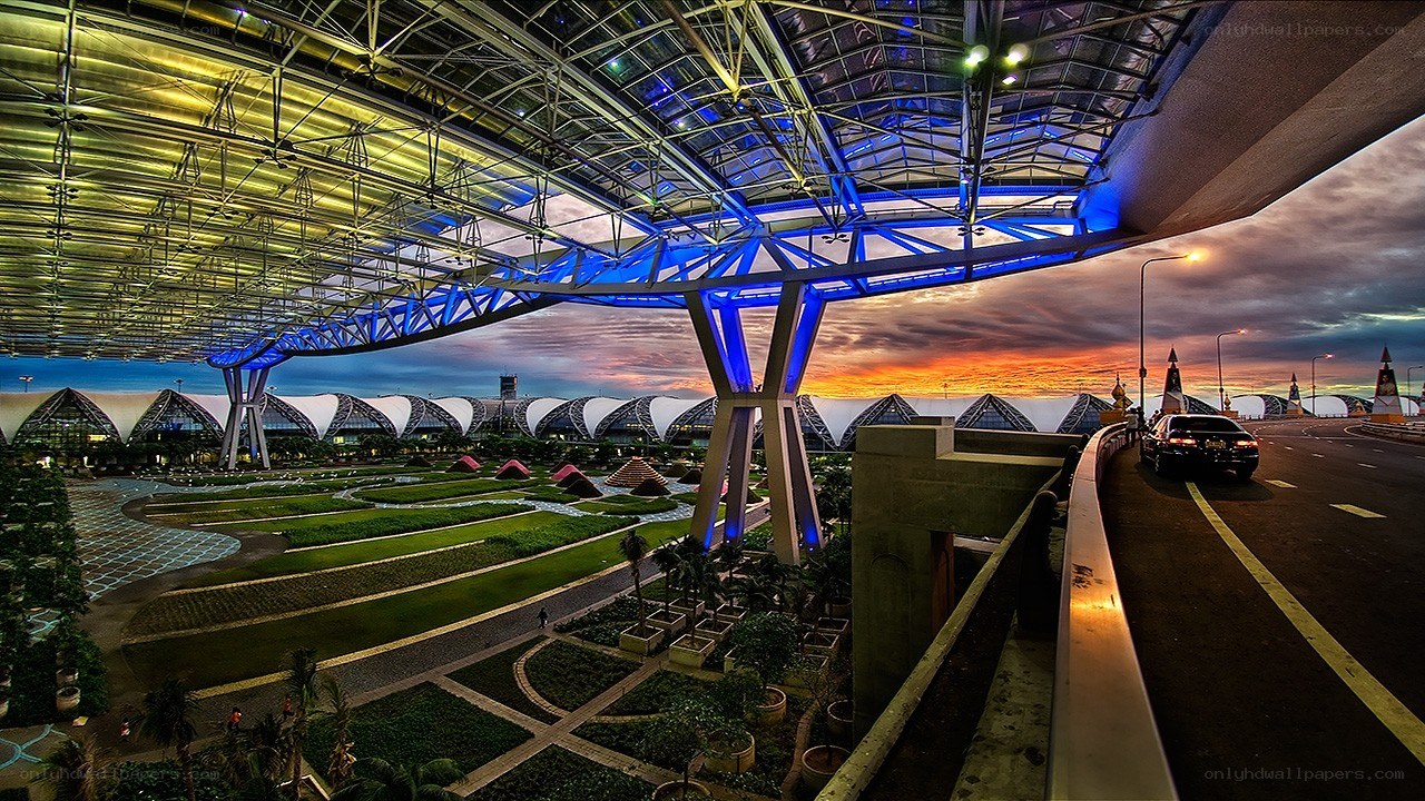 modern airport at sunset