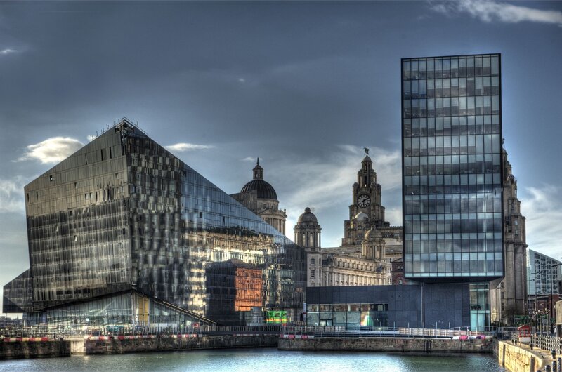 Modern and historic buildings by the water