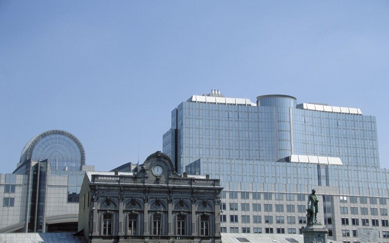Modern and historic buildings in a city