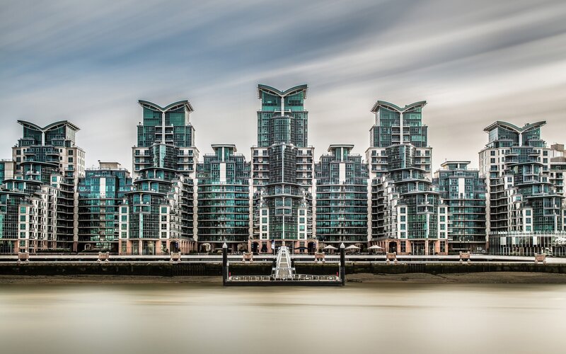 Modern apartment buildings by the river