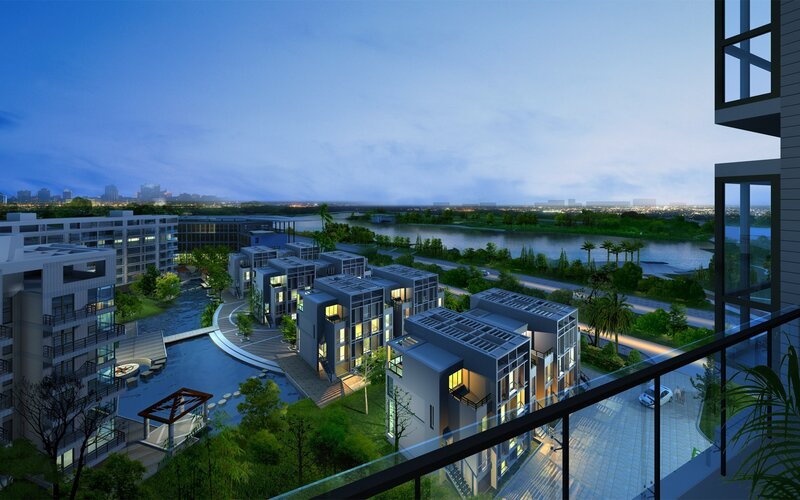 Modern apartment complex at dusk