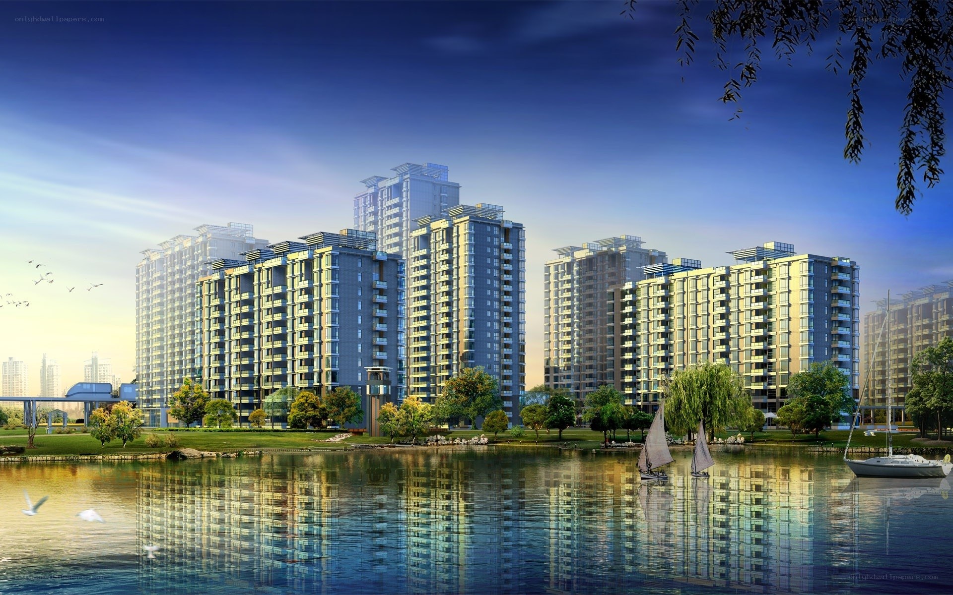 Modern apartment complex by lake