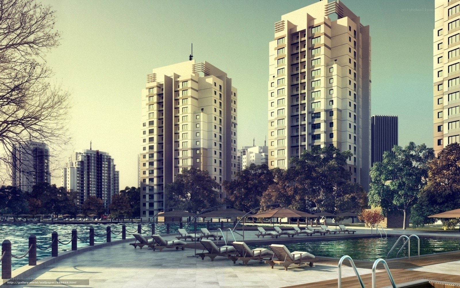 Modern apartment complex with pool