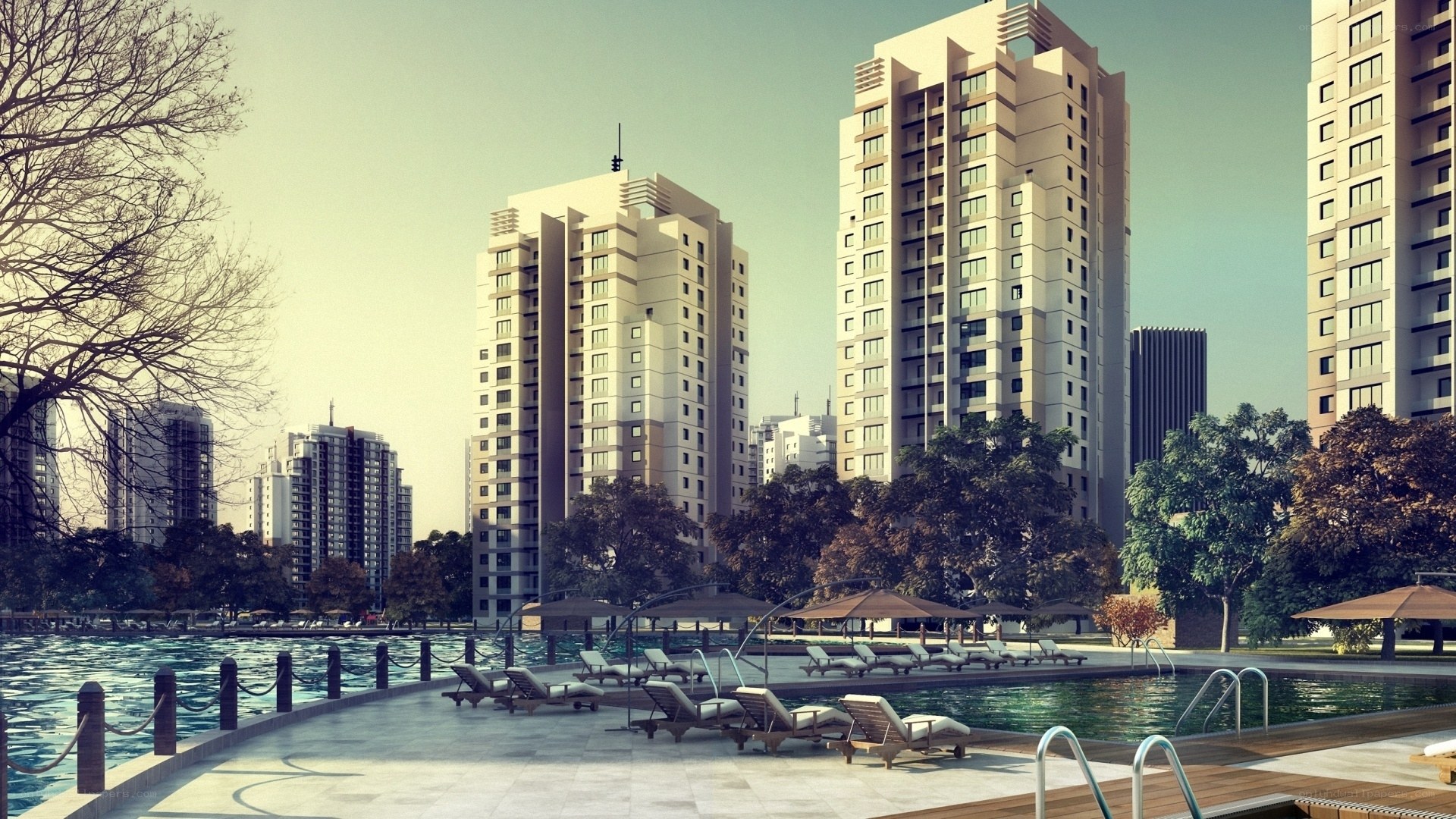 Modern apartment complex with pool