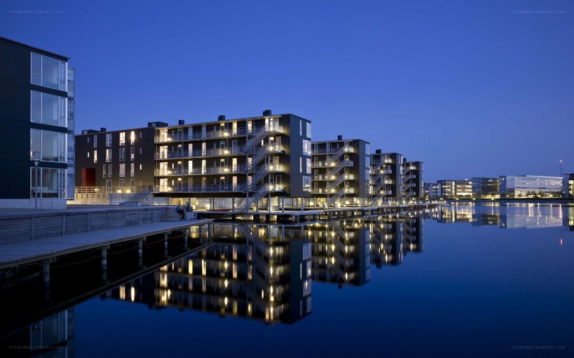 Modern apartments at dusk