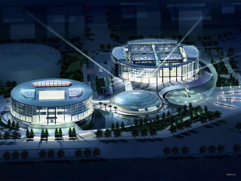 Modern architectural complex at night