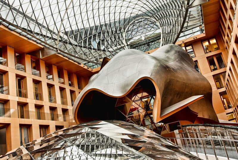 Modern architectural interior with sculpture