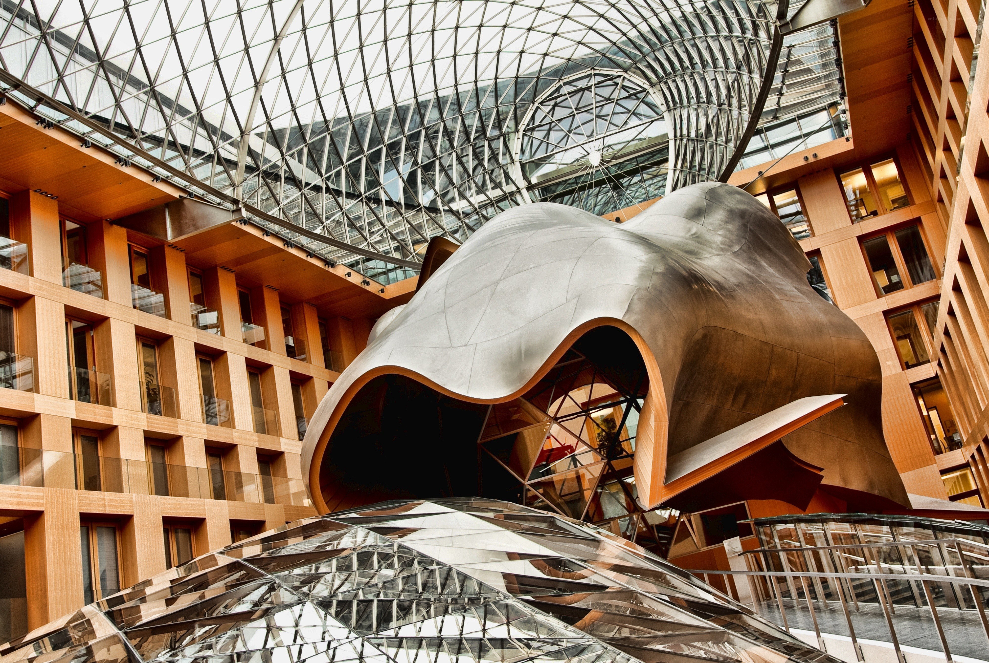 Modern architectural interior with sculpture