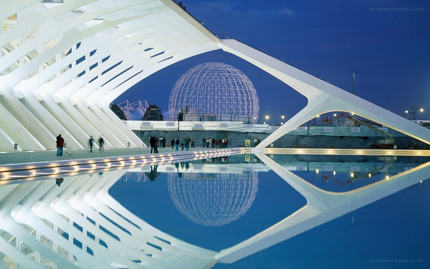 Modern architecture and sphere at dusk