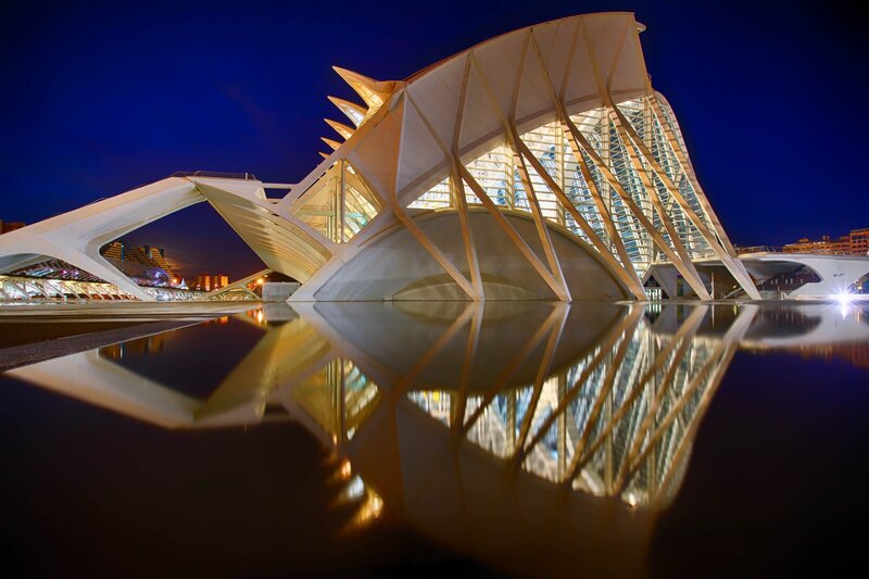 Modern Architecture at Night — Blue, Dramatic, Photograph