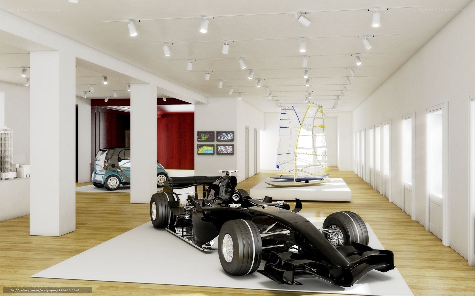Modern art gallery with racing car