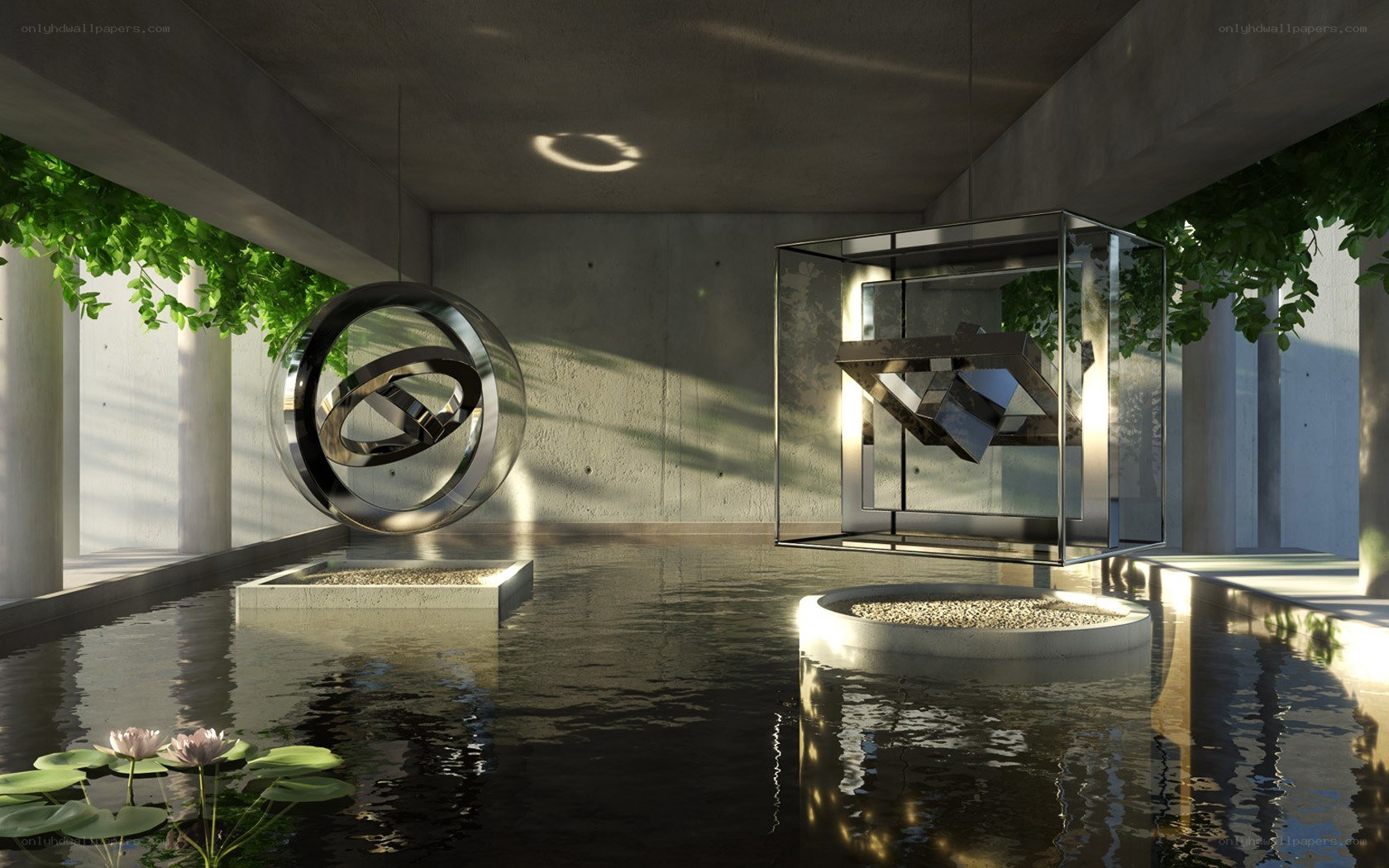Modern art installation with water features