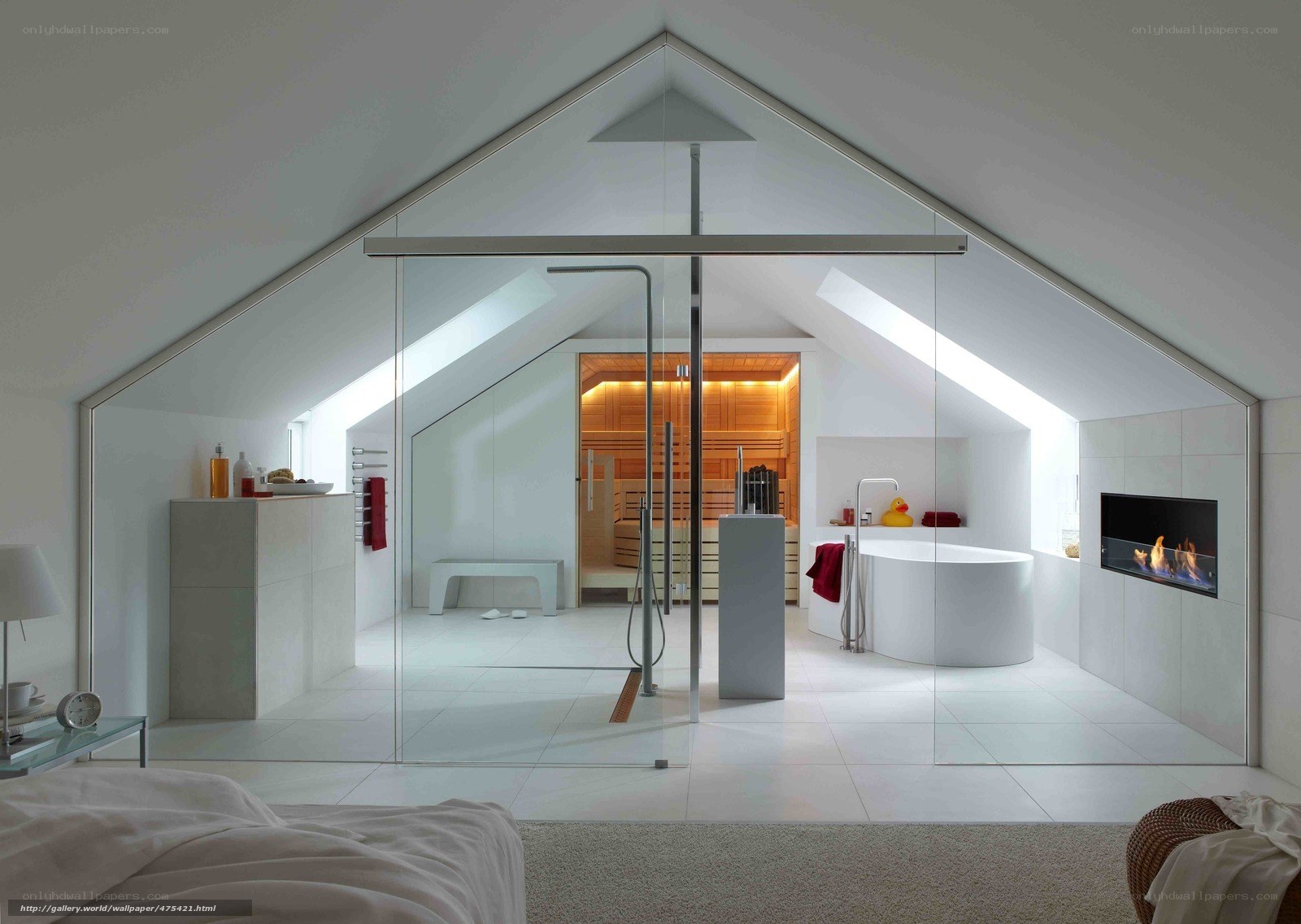 Modern attic bathroom with sauna