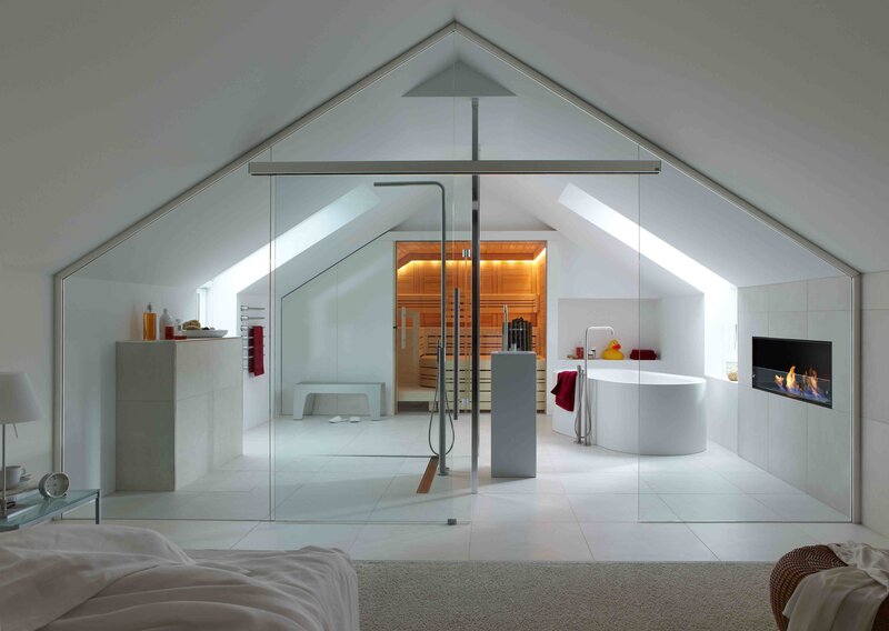 Modern attic bathroom with sauna
