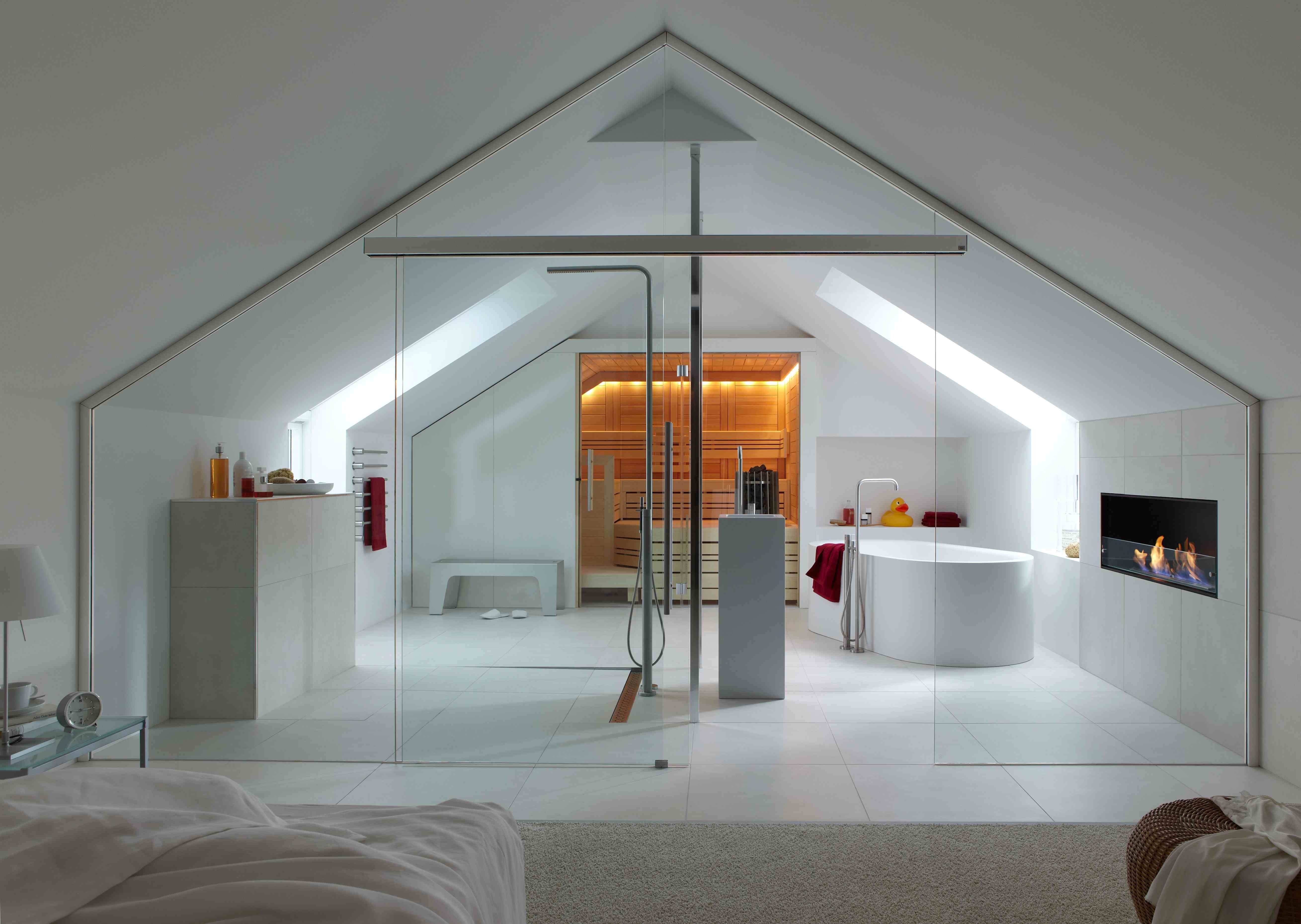 Modern attic bathroom with sauna