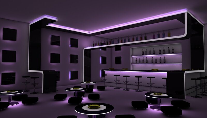 modern bar interior with purple lighting
