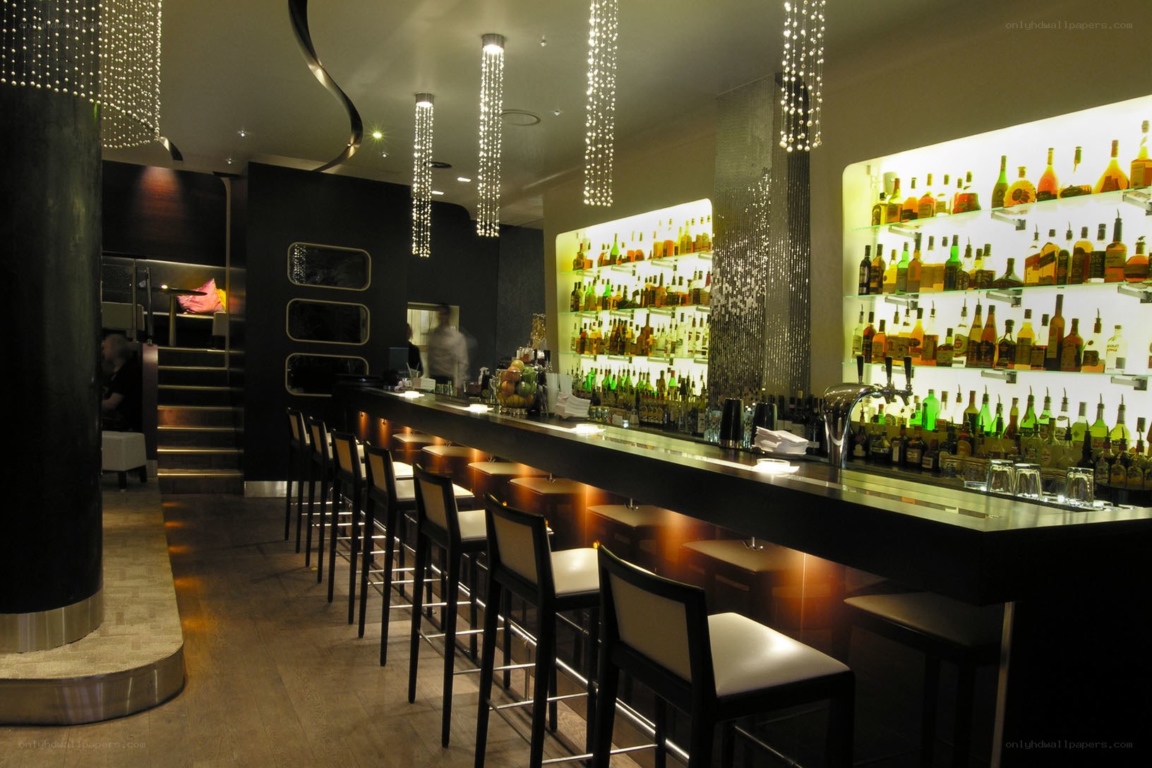modern bar with illuminated shelves