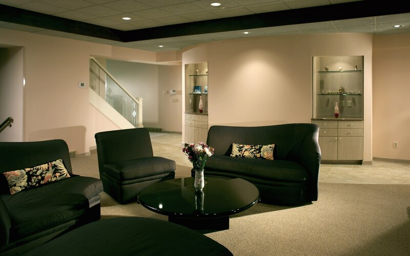 Modern basement lounge area