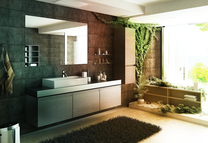 Modern Bathroom Interior — Brown, Serene, Afternoon