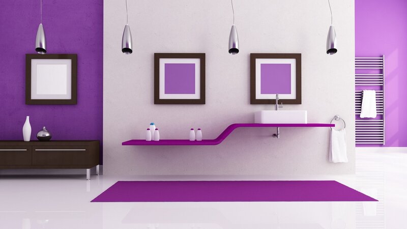 Modern Bathroom Interior — Purple, Minimalist, 3d Render