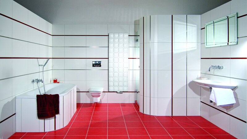 Modern Bathroom Interior — Red, Clean, Photograph, Bathtub