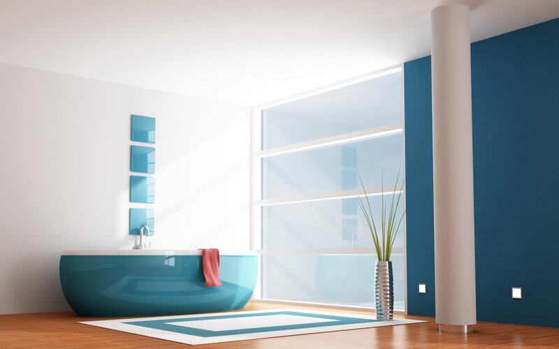 modern bathroom with blue tub