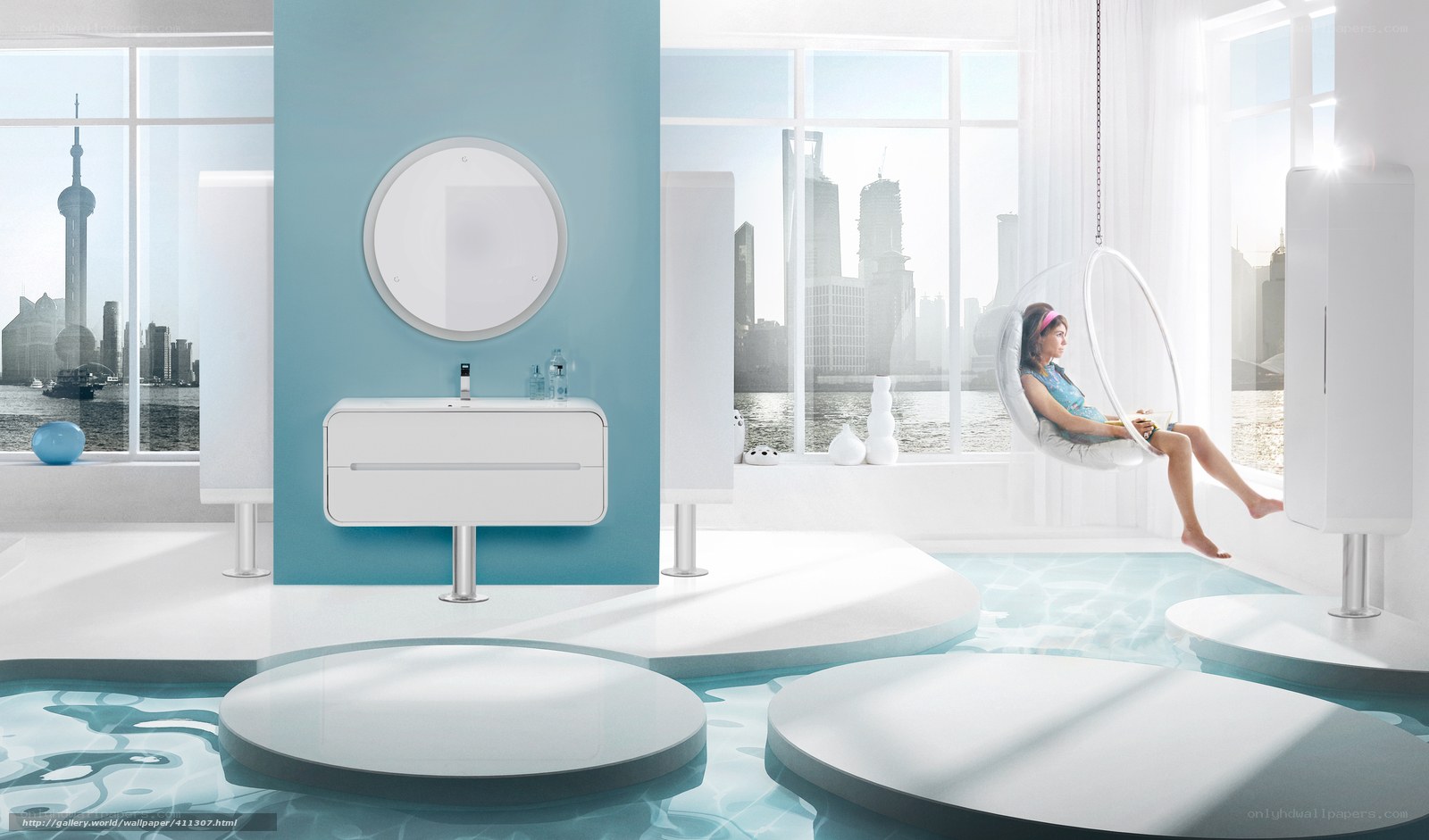 Modern bathroom with city view