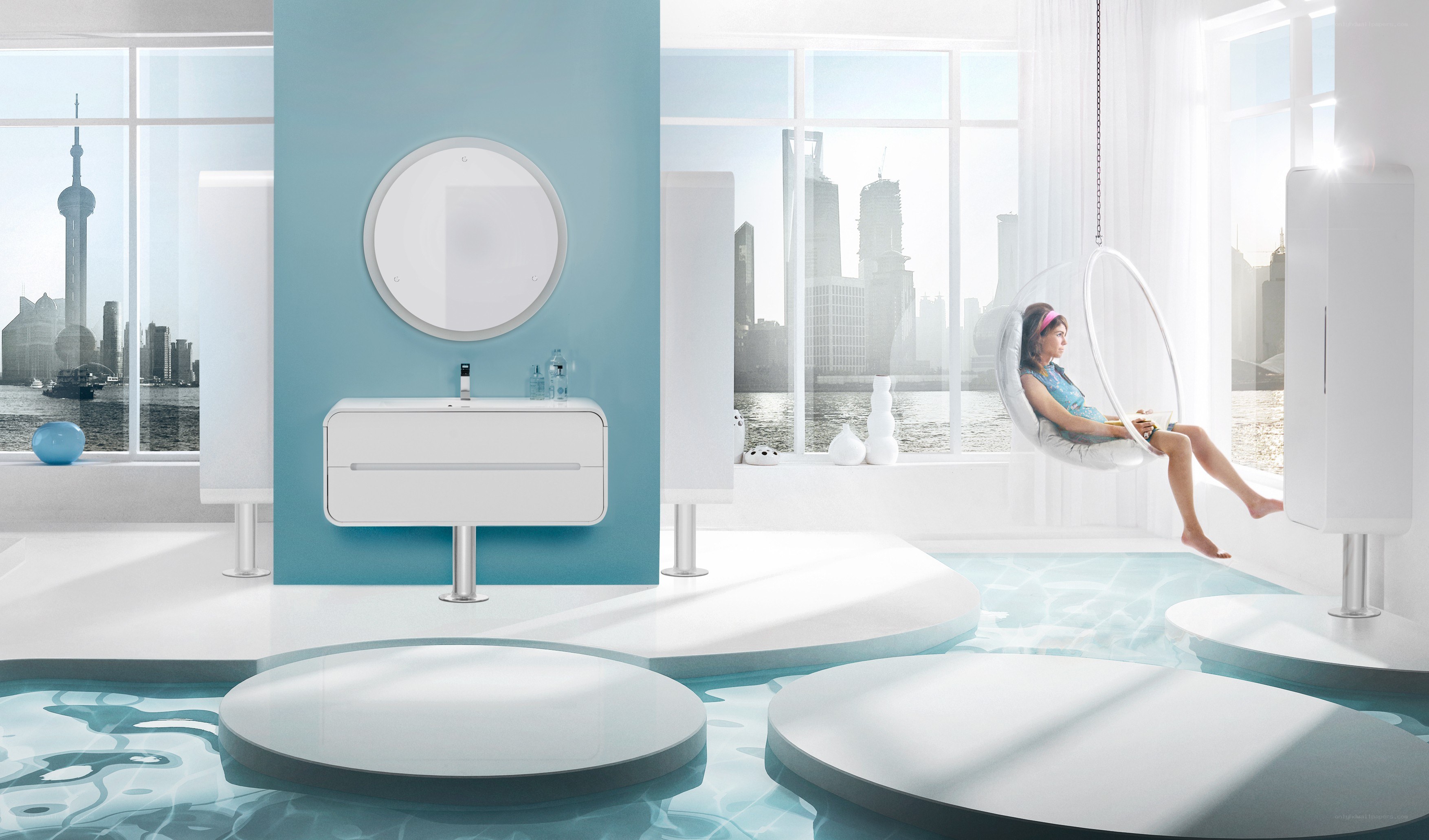 Modern bathroom with city view