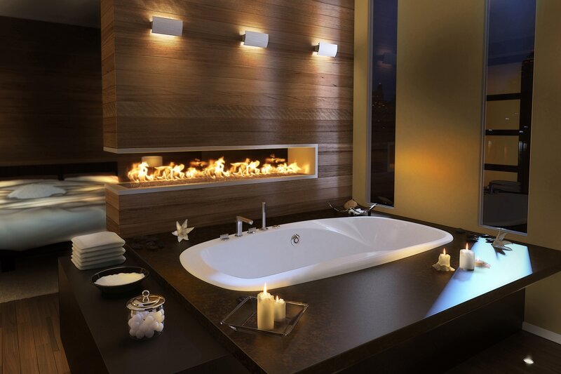 Modern bathroom with fireplace