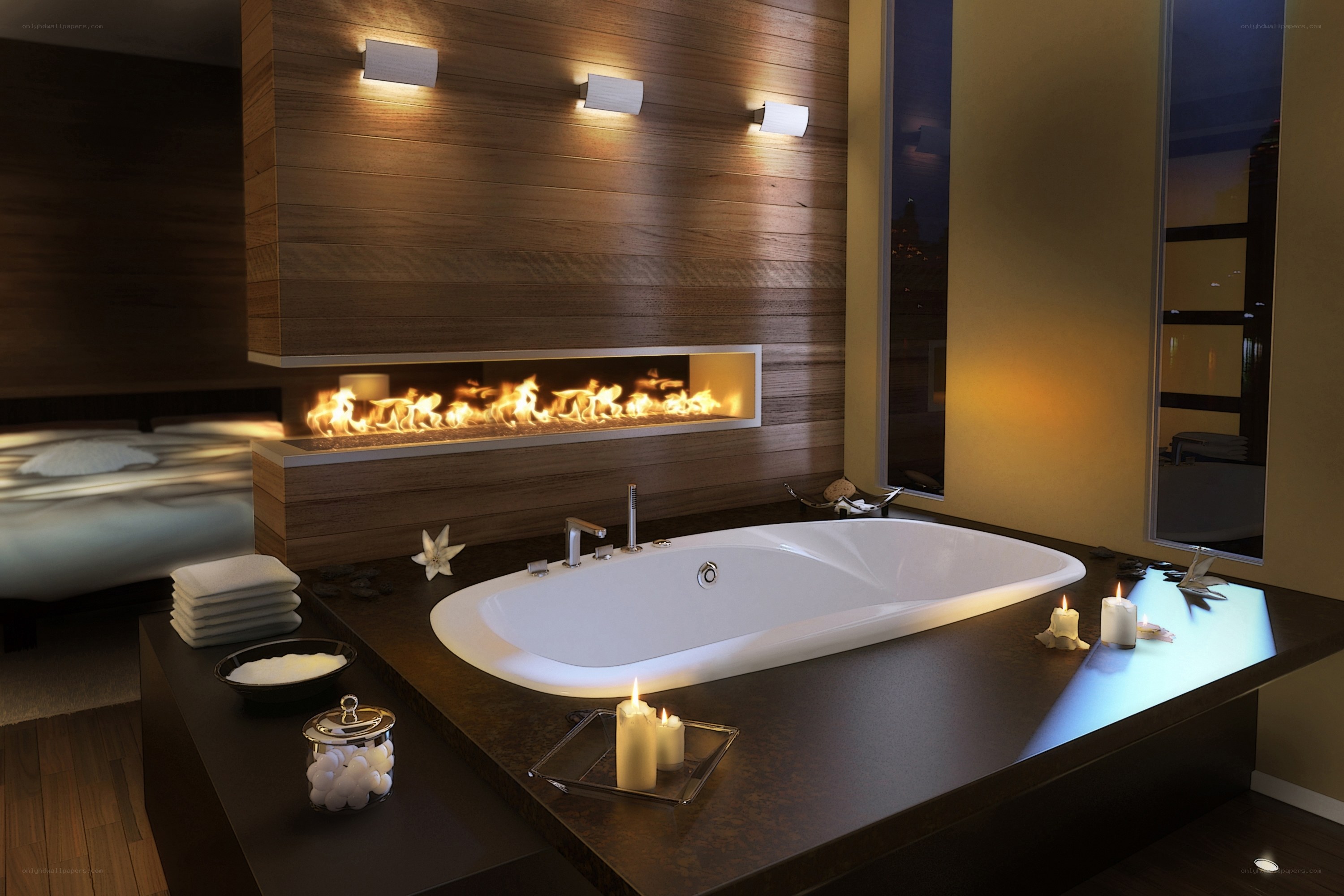 Modern bathroom with fireplace