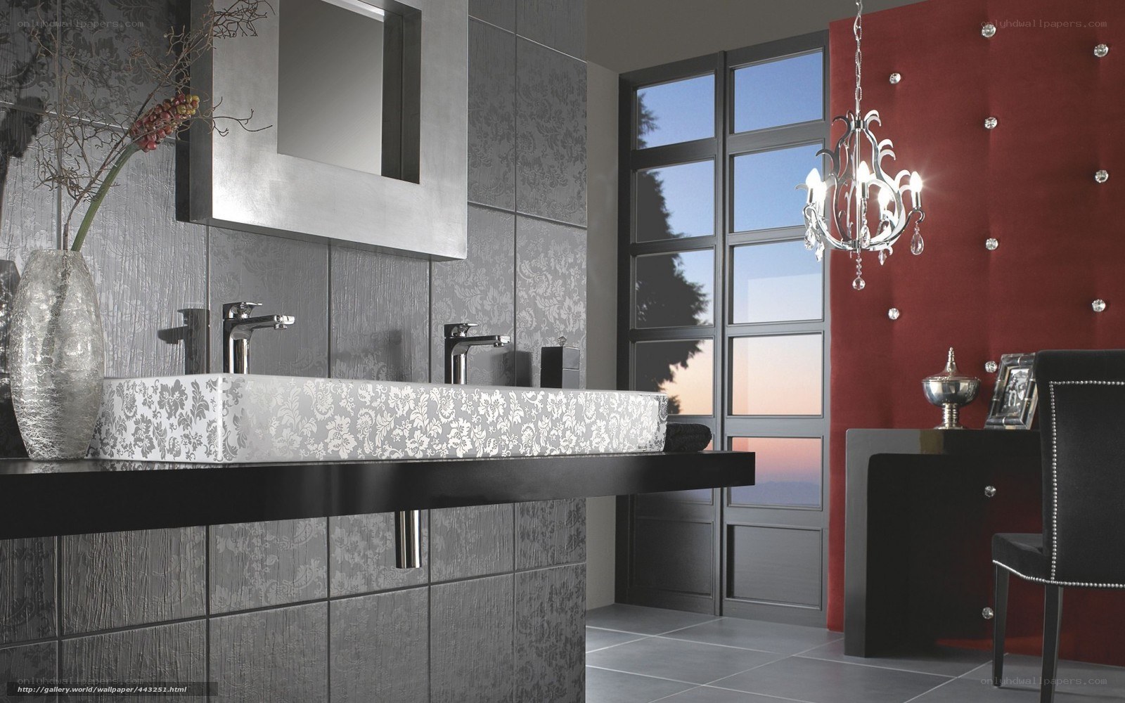 Modern bathroom with red accent wall