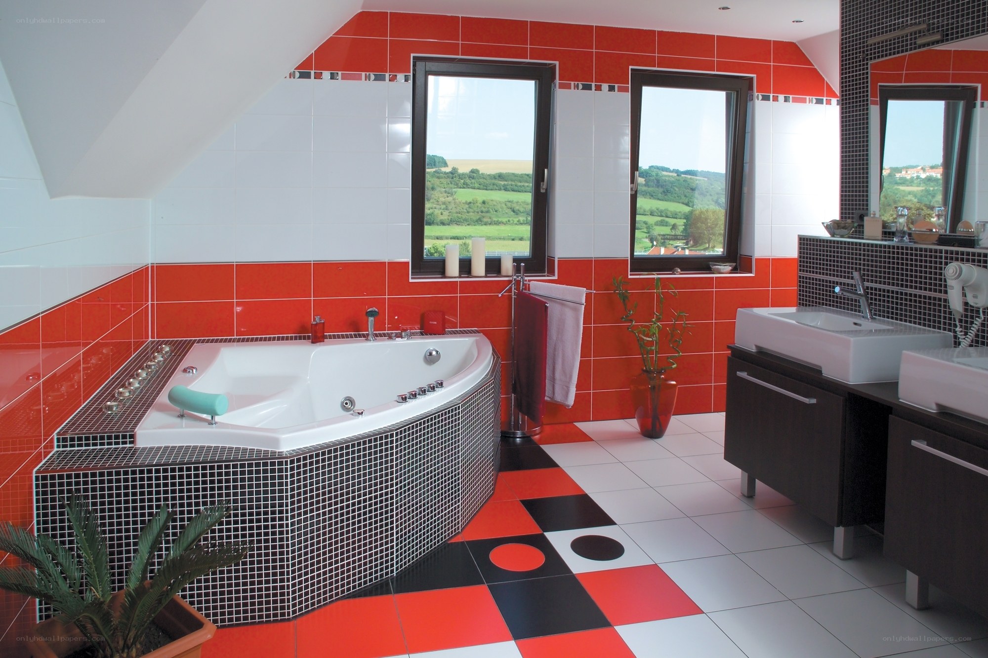 Modern bathroom with red and black tiles
