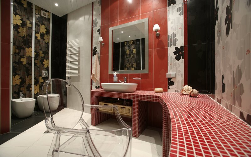 Modern bathroom with red mosaic tiles