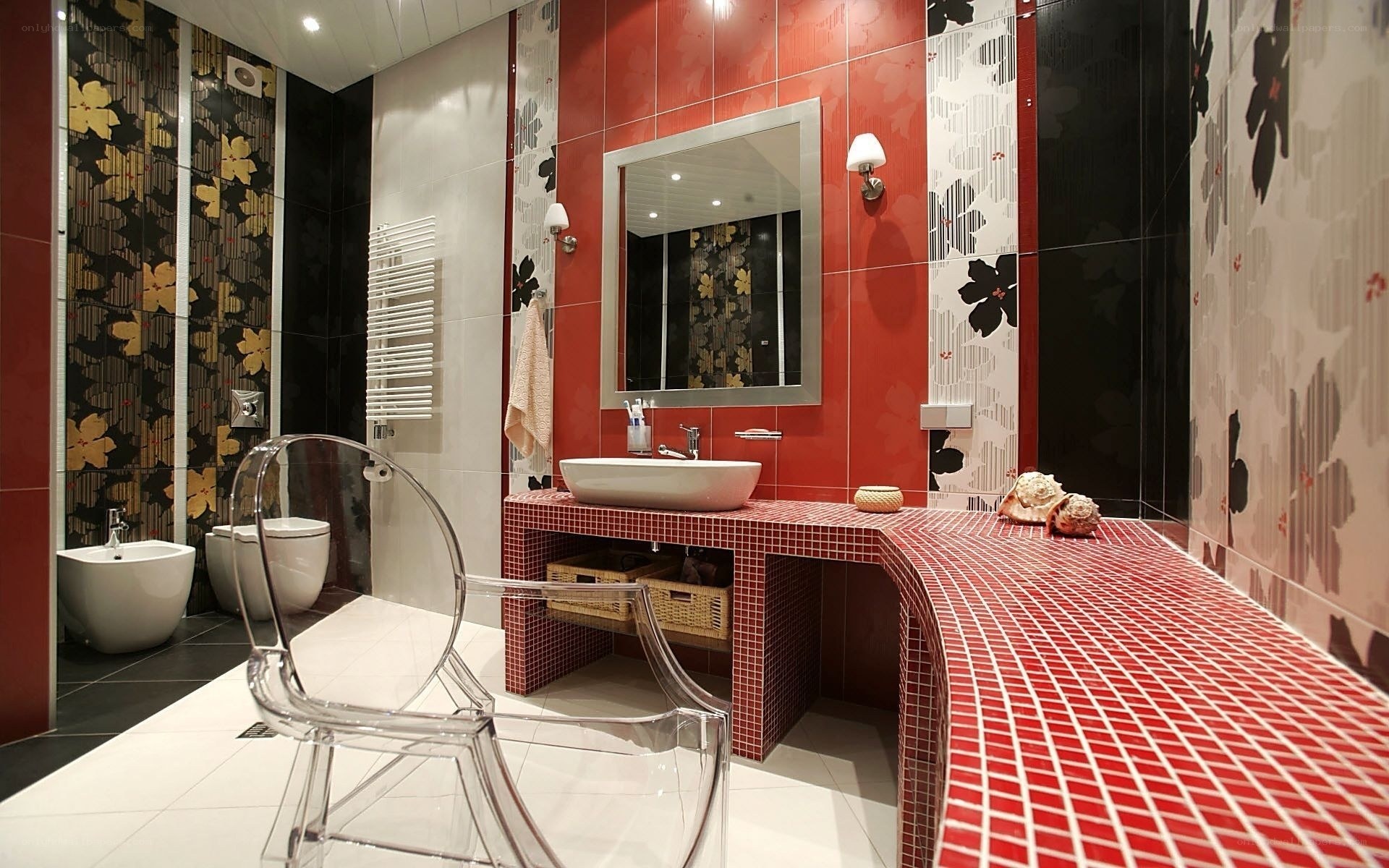 modern bathroom with red tiles