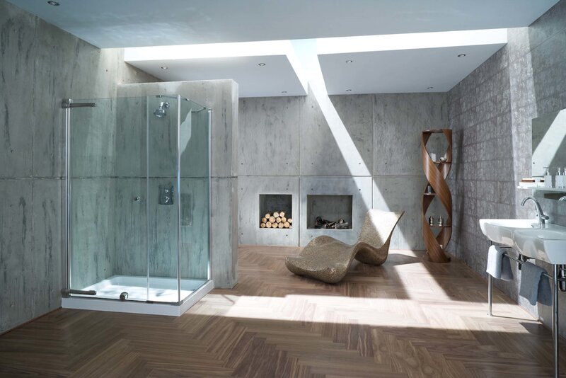 Modern bathroom with shower and wood floor